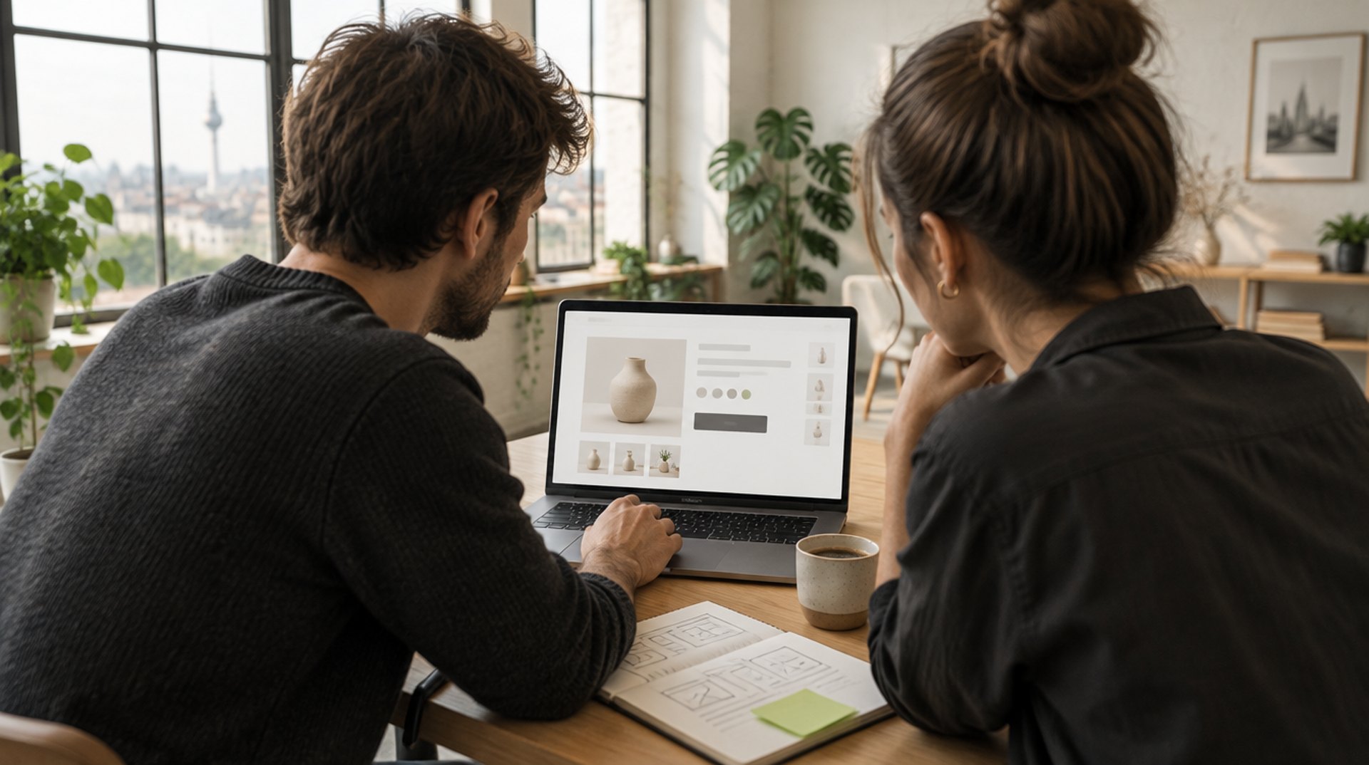 Shopify Freelancer und Shop-Inhaberin schauen gemeinsam auf einen Laptop mit einer Produktseite