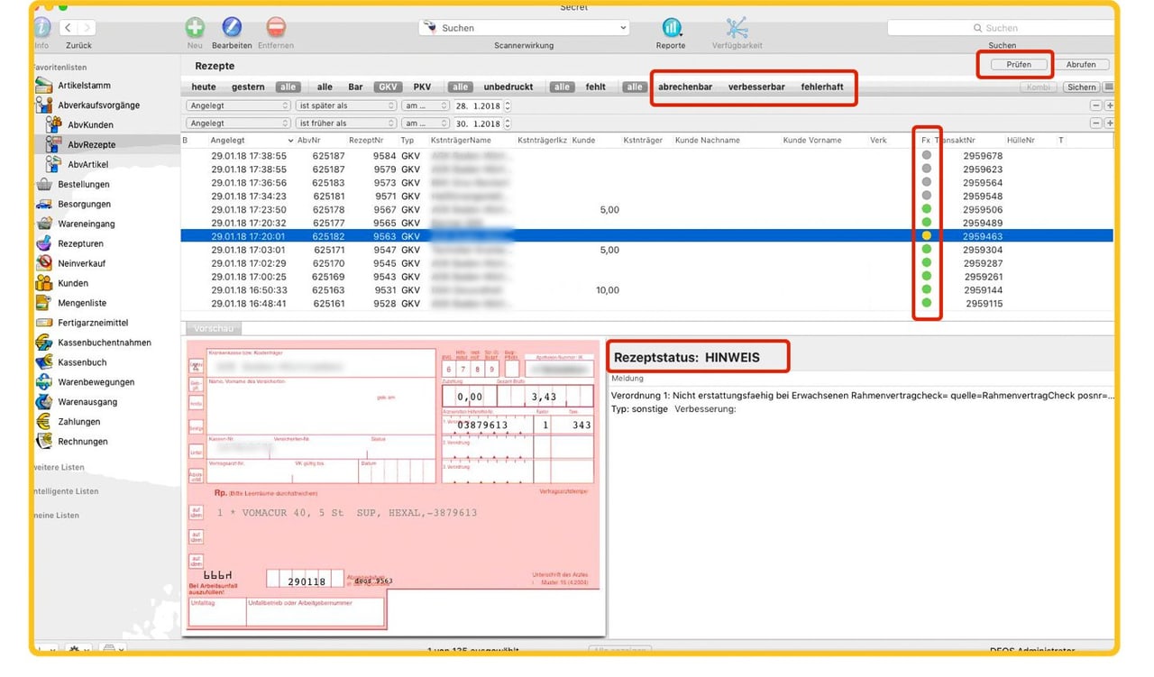 Apothekensoftware SECRET auf dem Mac: Liste der Abverkaufsrezepte mit Prüfstatus, Rezeptvorschau und Meldung „Rezeptstatus: Hinweis“; rote Rahmen markieren die Prüffunktionen