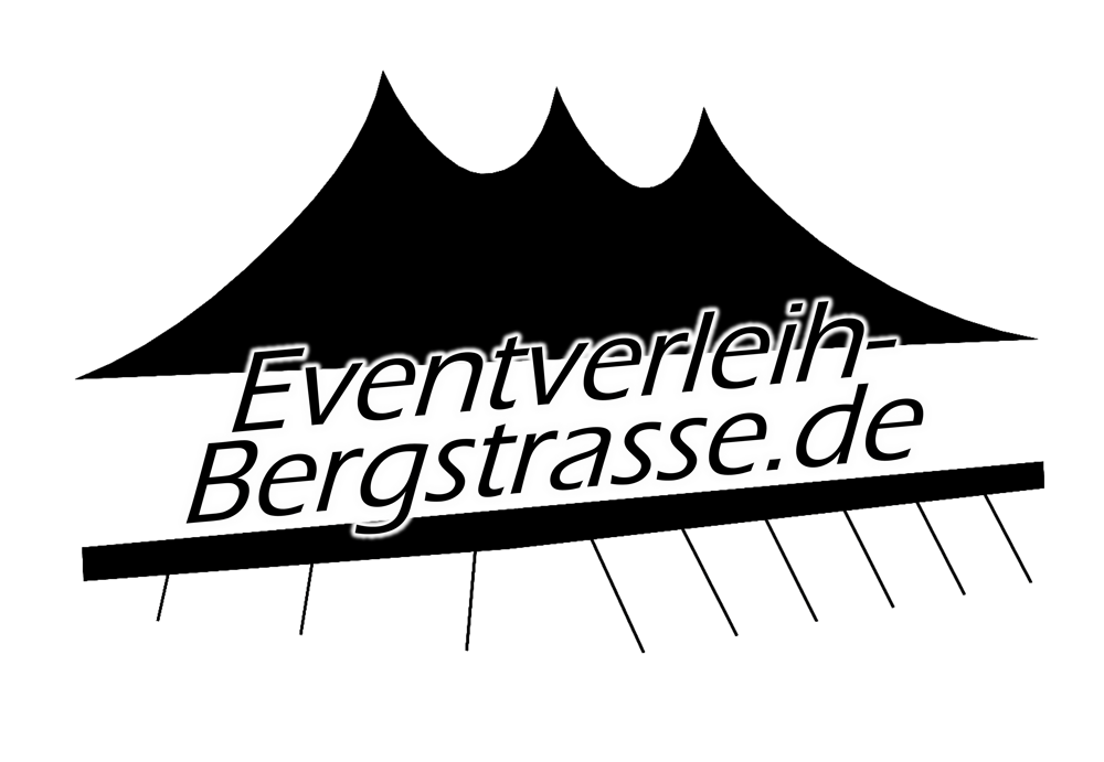 Schwarzes Logo mit drei Zeltspitzen, darunter der Text „Eventverleih-Bergstrasse.de" und Bodenankern mit Ratschen