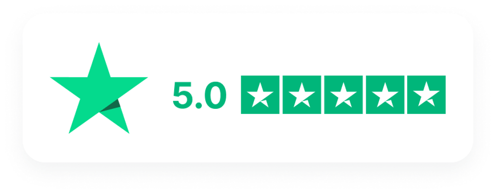 TRUSTPILOT mit der Zahl 5.0 und fünf grünen Kästchen mit weißen Sternen.