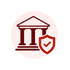 Rotes Bankgebäude-Symbol mit Säulen und einem Schutzschild mit Häkchen in einem weißen Kreis auf schwarzem Hintergrund - Software für Stabsarbeit - Notfall- und Krisenmanager (NKM®).