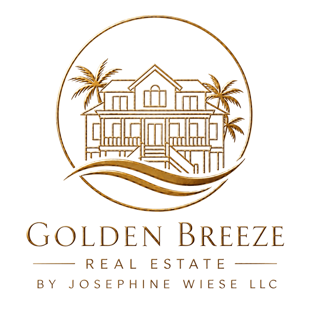 Goldenes Logo mit Haus, Palmen, Wellen und dem Text "GOLDEN BREEZE REAL ESTATE BY JOSEPHINE WIESE LLC".
