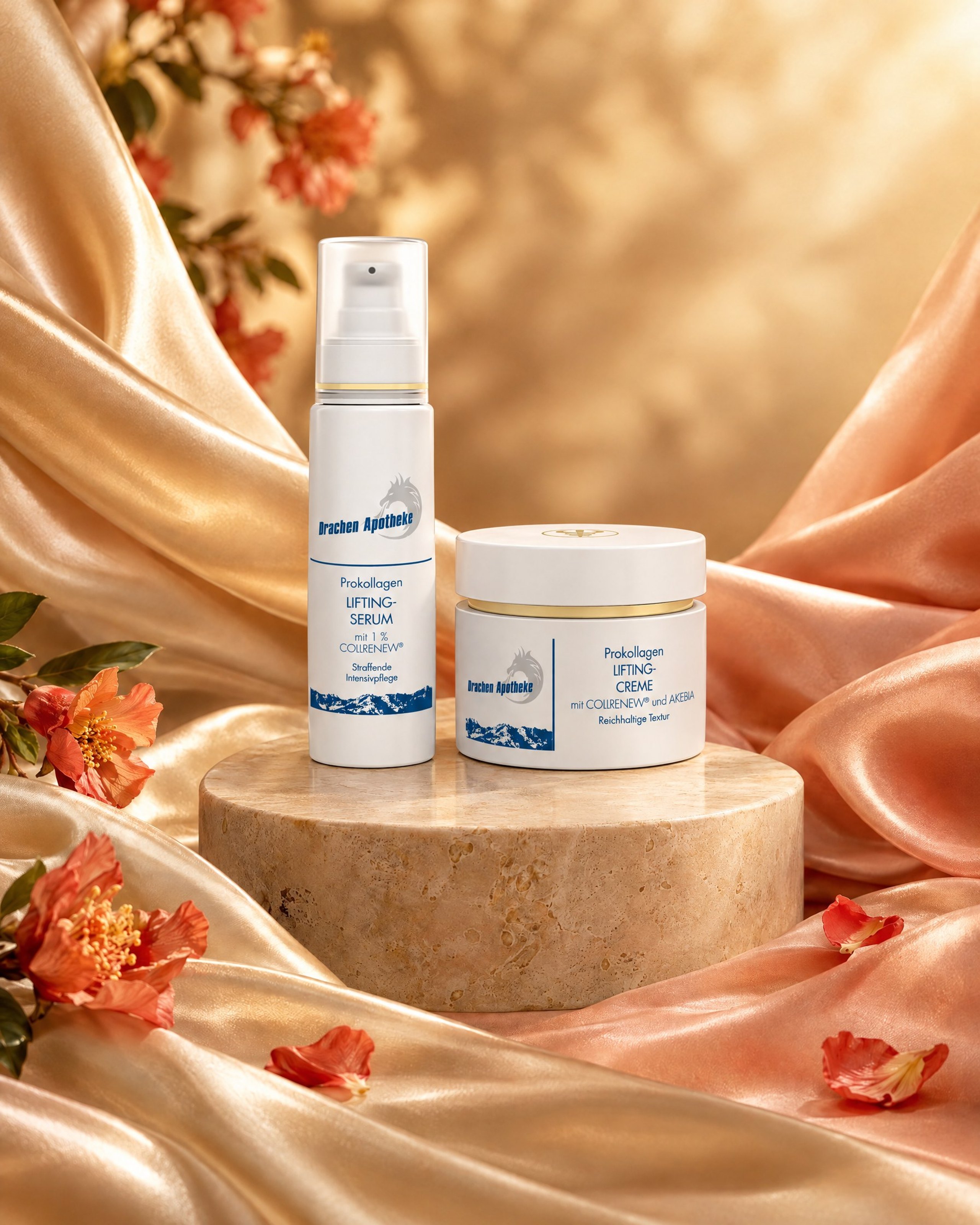 Prokollagen Lifting-Serum und Lifting-Creme auf Steinsockel (KI-generiert)