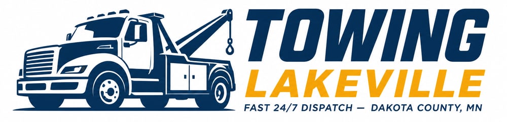 Blue and white tow truck with "TOWING LAKEVILLE" in blue and orange text, "FAST 24/7 DISPATCH – DAKOTA COUNTY, MN".