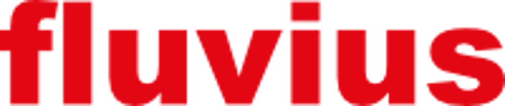 Rotes "fluvius"-Logo auf grünem Hintergrund.