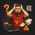 Ein Mann mit Brille hält den Kopf in den Händen; um ihn herum sind Fragezeichen, ein Laptop und Dokumente.