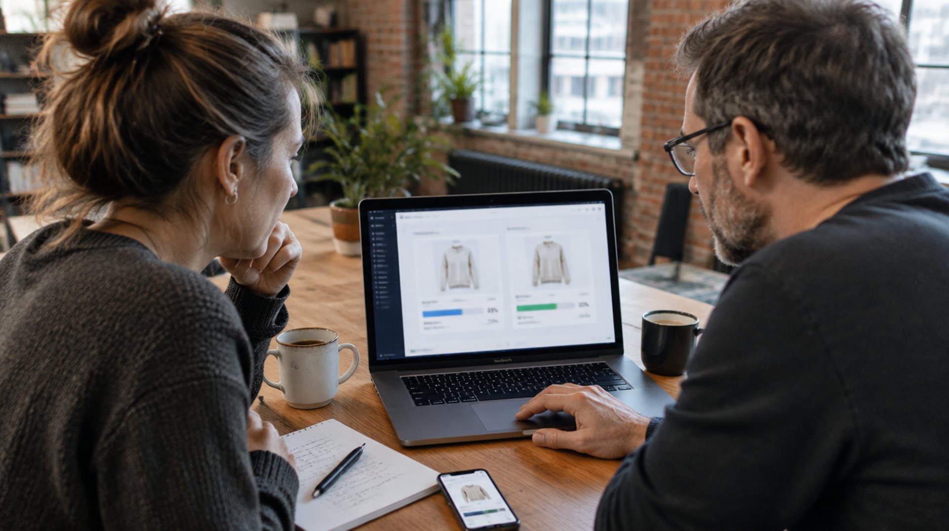 Shop-Inhaberin und Freelancer am Laptop, auf dem Bildschirm zwei Varianten derselben Produktseite mit Vergleichsbalken, Berliner Loft