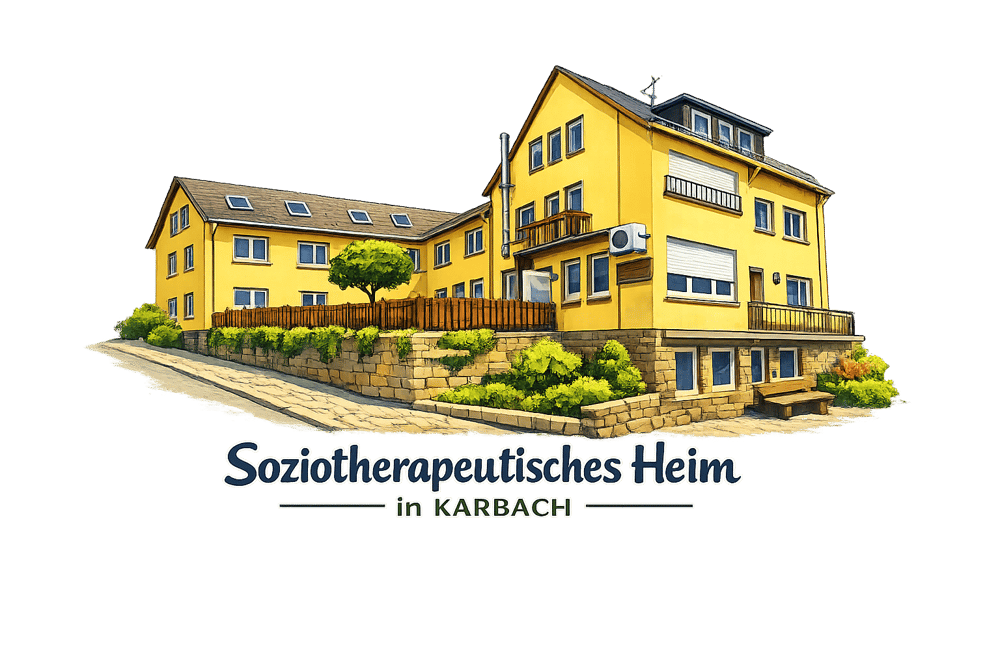 Gelbes Gebäude mit Balkonen und Fenstern, davor der Text "Soziotherapeutisches Heim In KARBACH".
