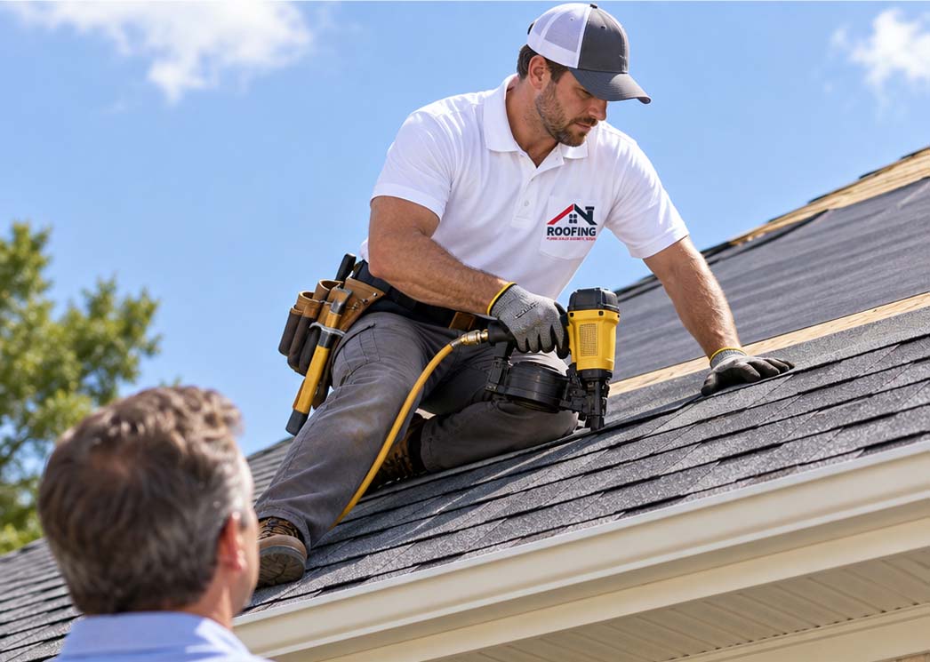 Roofer fastening shingle courses on a residential rooftop