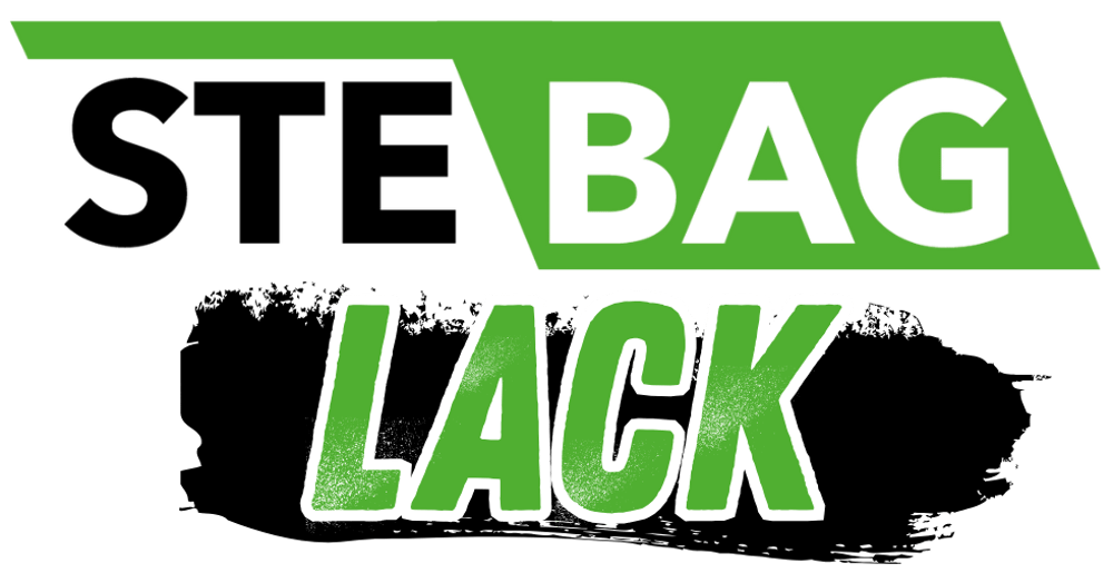 Grünes und schwarzes Logo mit Text „STEBAG LACK“.