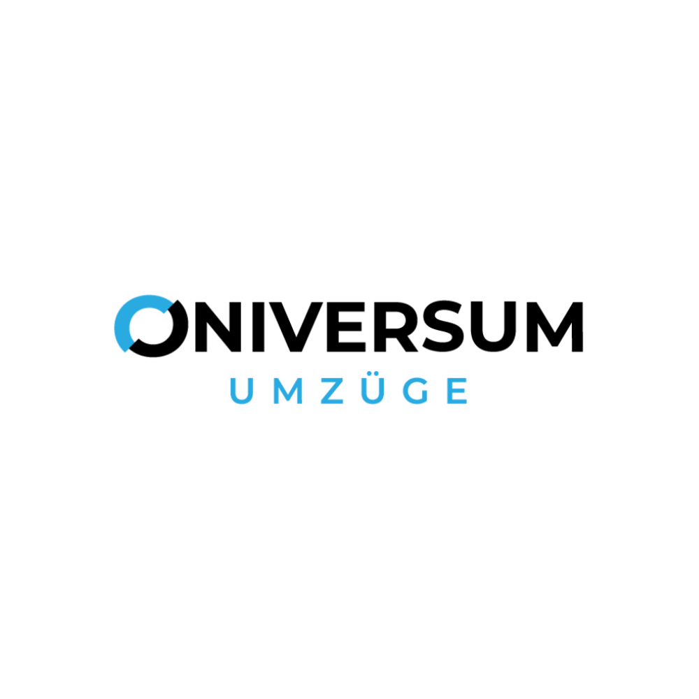 Schwarzes Logo mit blauem Kreis-Symbol und Text "ONIVERSUM UMZÜGE" in Schwarz und Blau.