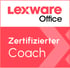 Lexware Office Logo mit Text "Zertifizierter Coach" in Weiß auf rotem Hintergrund.