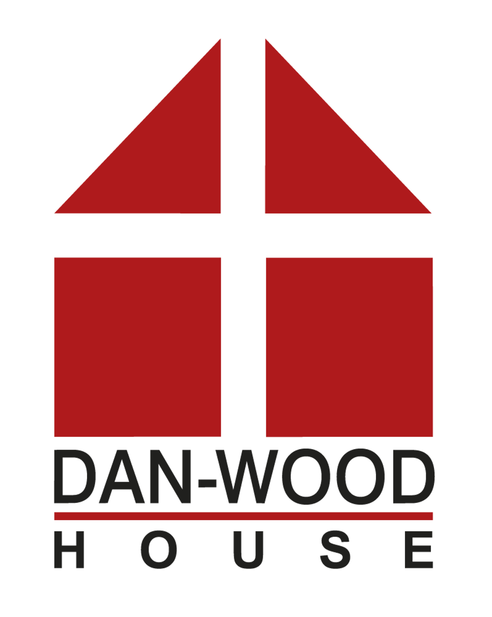 Dan-Wood House Logo mit einem abstrakten roten Haus-Symbol aus vier geometrischen Formen auf schwarzem Hintergrund.