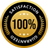 Schwarzes und goldenes Siegel: "100% Satisfaction Guaranteed" mit Lorbeerzweigen und Sternen.
