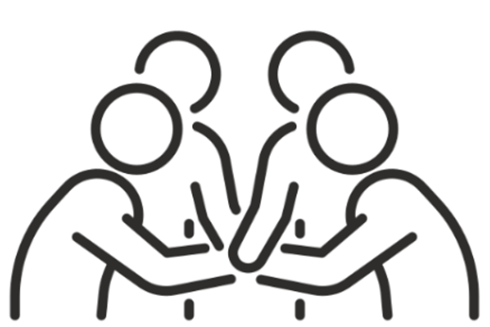 Vier stilisierte Personen in einer Linienzeichnung legen ihre Hände in der Mitte als Zeichen von Teamwork zusammen.