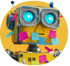 A yellow robot head with large blue glowing eyes and numerous colorful sticky notes attached to its body.