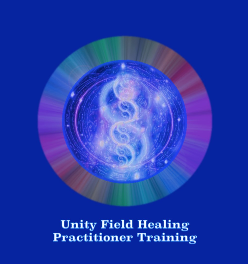 Blaue Energie-Sphäre mit DNA-Symbol und Text Unity Field Healing Practitioner Training auf blauem Hintergrund.