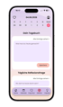 Smartphone mit einer Tagebuch-App inklusive Kalenderansicht, Eingabefeld für Tagesereignisse und Reflexionsfragen.