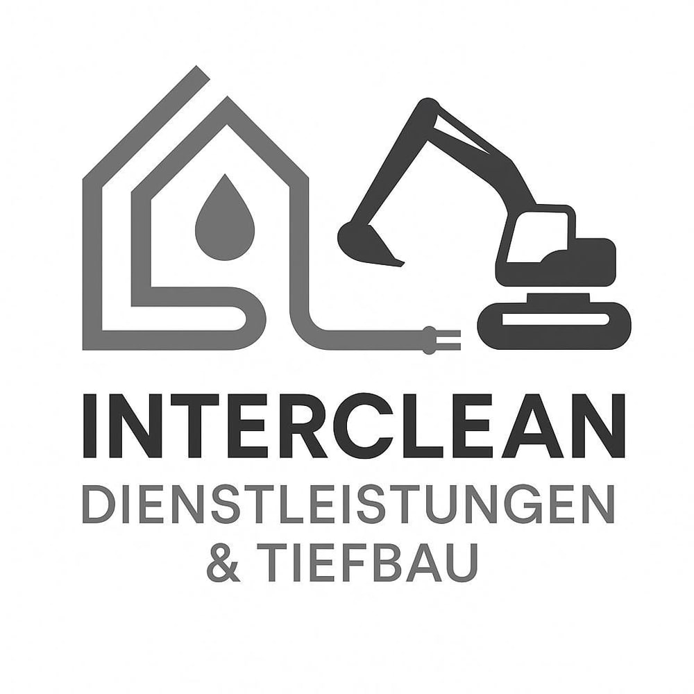 INTERCLEAN Dienstleistungen & Tiefbau Logo: Haus mit Wassertropfen, Bagger.
