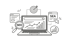 Laptop zeigt SEO- und SEA-Grafiken mit Diagrammen, einer Zielscheibe und einer Lupe auf schwarzem Hintergrund.