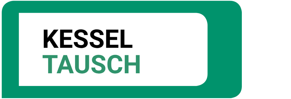 Grünes Rechteck mit abgerundeten Ecken, das die Wörter "KESSEL" in Schwarz und "TAUSCH" in Grün enthält.