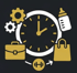 Uhr umgeben von Aktenkoffer, Zahnrädern, Babyflasche, Einkaufstasche und Hantel-Symbol.