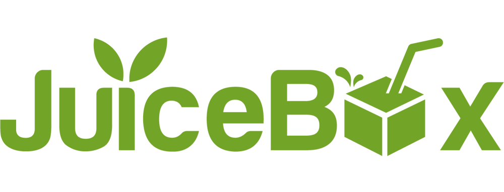 JuiceBox-Logo in Grün mit Blättern über "J" und einem Getränkekarton mit Strohhalm als "o".