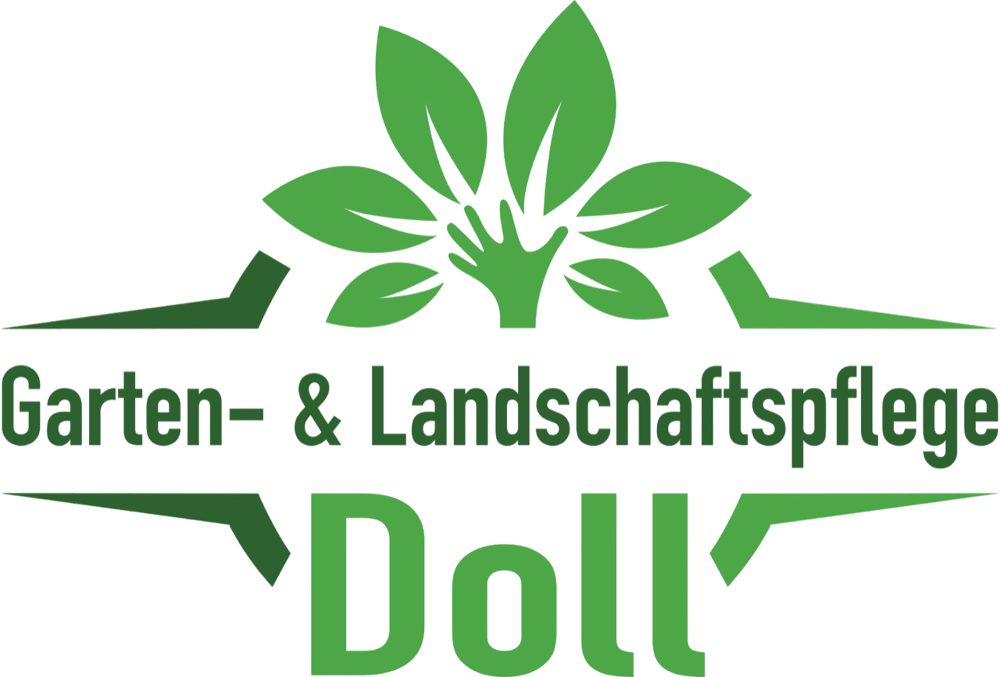 Grünes Logo mit Blättern und einer Hand, darunter der Text "Garten- & Landschaftspflege Doll".