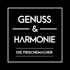 Genuss & Harmonie Die Frischemacher Logo mit weißer Schrift auf schwarzem Hintergrund.