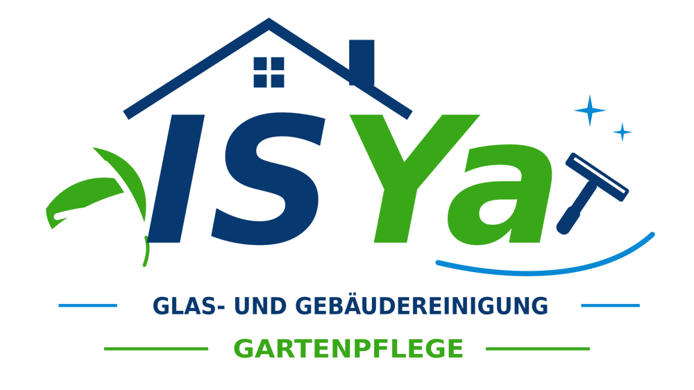 Logo von ISYa Glas- und Gebäudereinigung Gartenpflege mit Hausdach, grünen Blättern und Fensterabzieher auf schwarzem Grund.