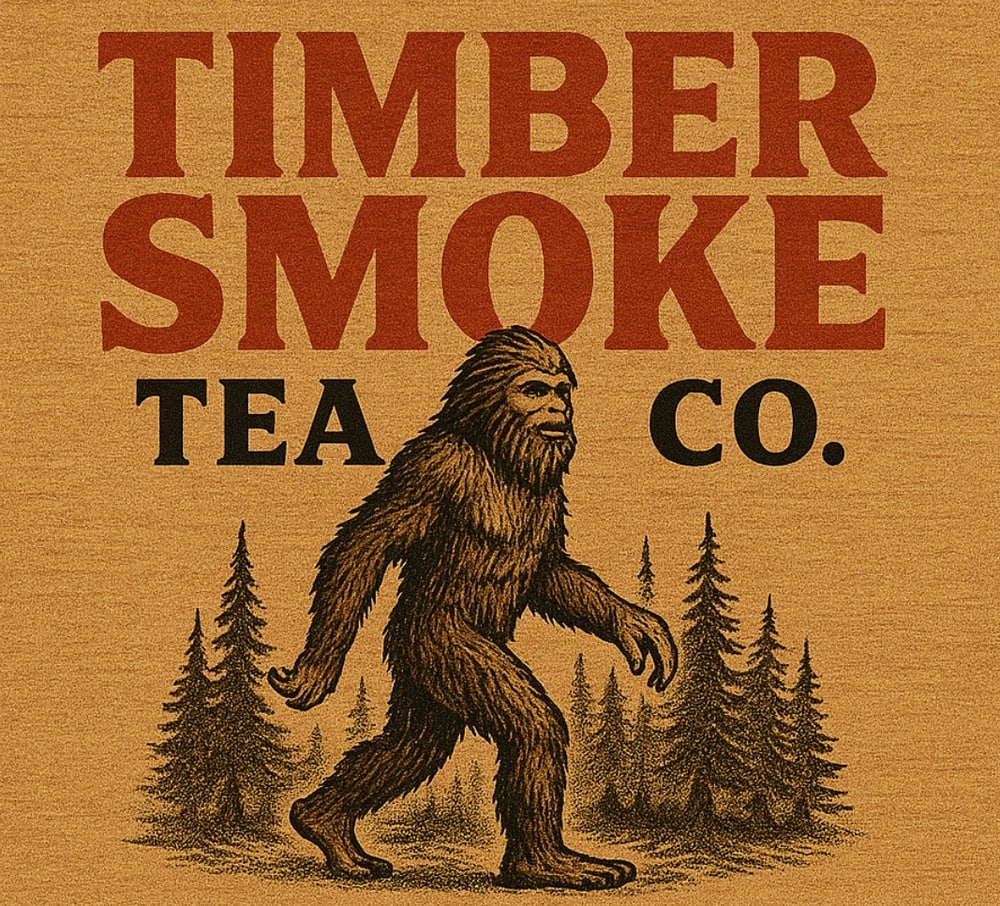 "TIMBER SMOKE TEA CO." logo in red and black text with pine trees and a smoke cloud on a light brown background.