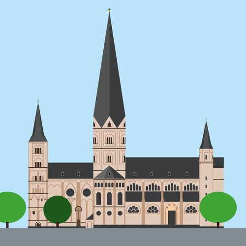 Illustration der Bonner Münsterbasilika mit ihren Türmen vor blauem Himmel