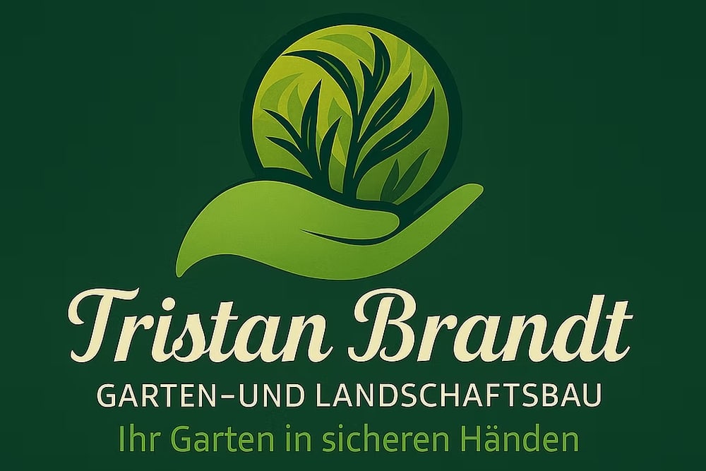Logo: Hand hält eine grüne Kugel mit Pflanzen; Text "Tristan Brandt GARTEN- UND LANDSCHAFTSBAU Ihr Garten in sicheren Händen"