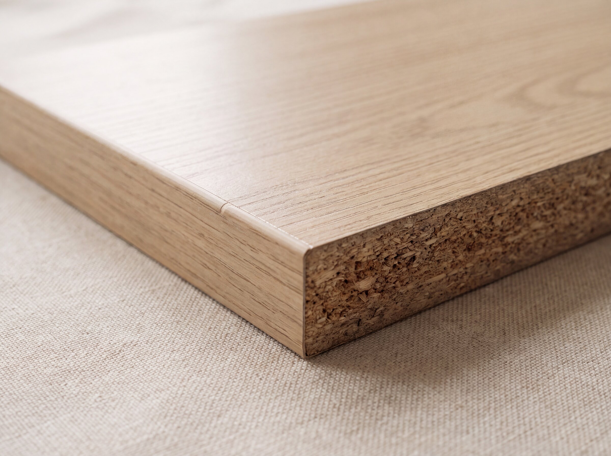 Kante einer Folienfront: Spanplatte mit Dekorfolie in Holzoptik