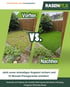 Vorher-Nachher-Vergleich von einem Garten mit kahlem Rasen und einem Garten mit saftig grünem Kunstrasen.