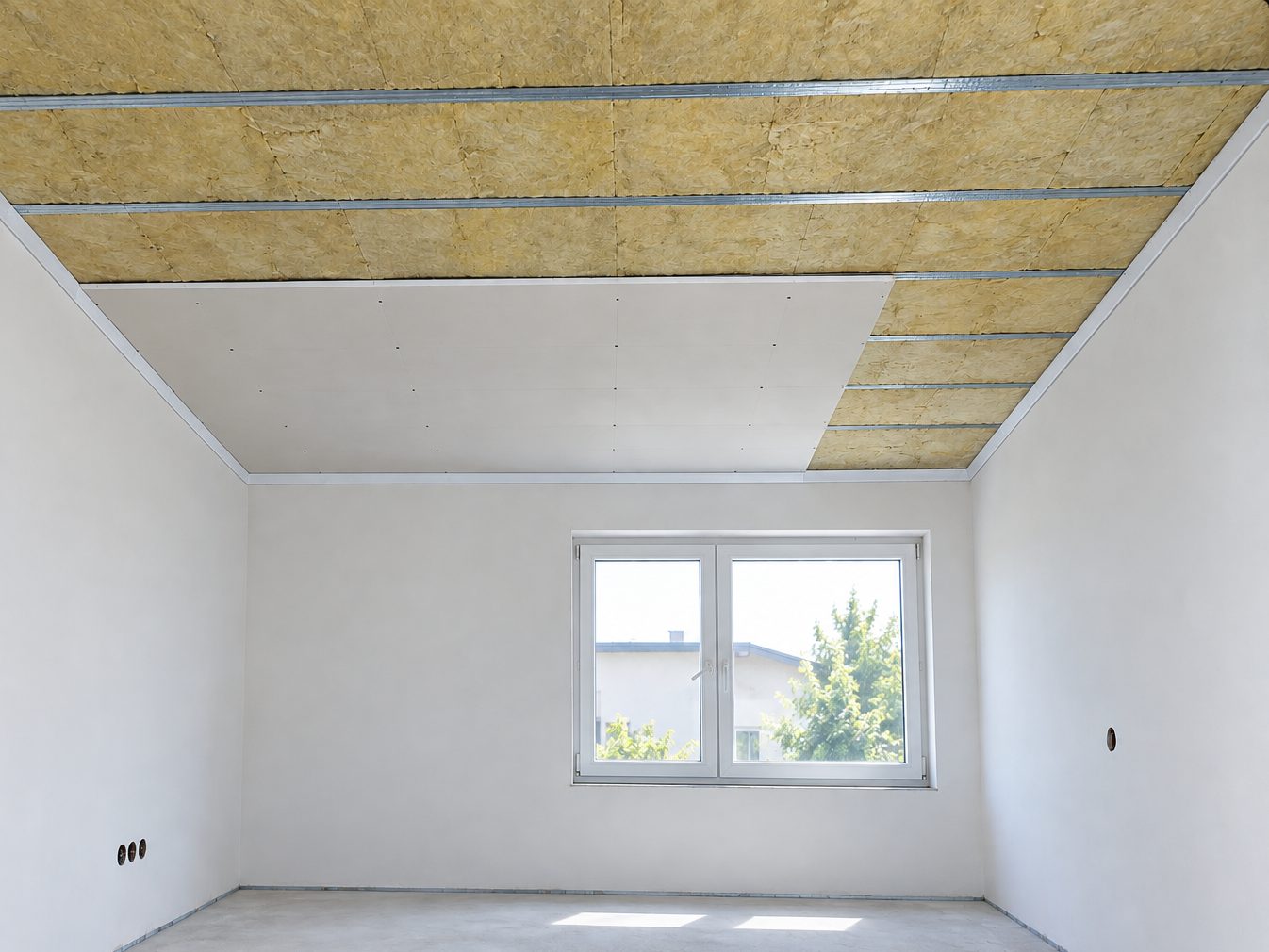Abgehängte Decke im Aufbau mit Mineralwolle zwischen Metallprofilen, teilweise mit Gipsplatten geschlossen