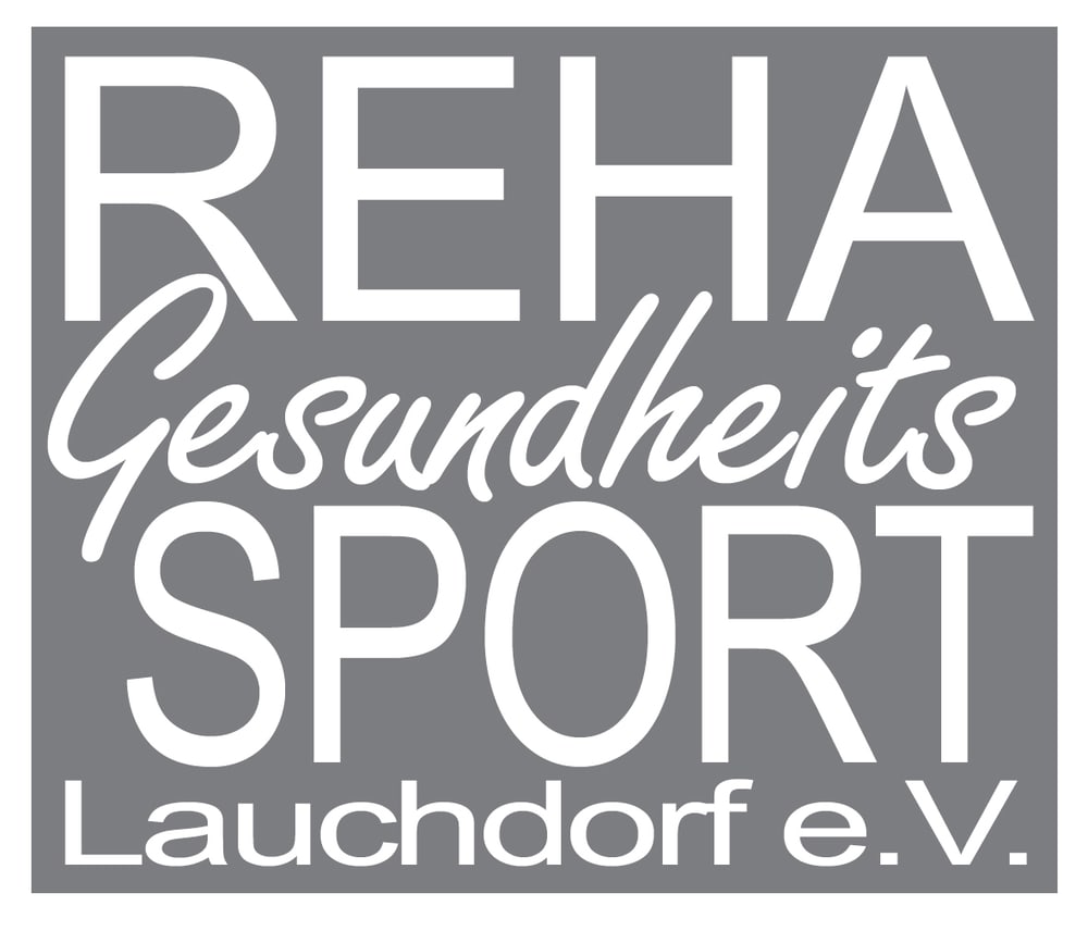 Logo "REHA Gesundheits SPORT Lauchdorf e.V." in Weiß auf grauem Hintergrund.