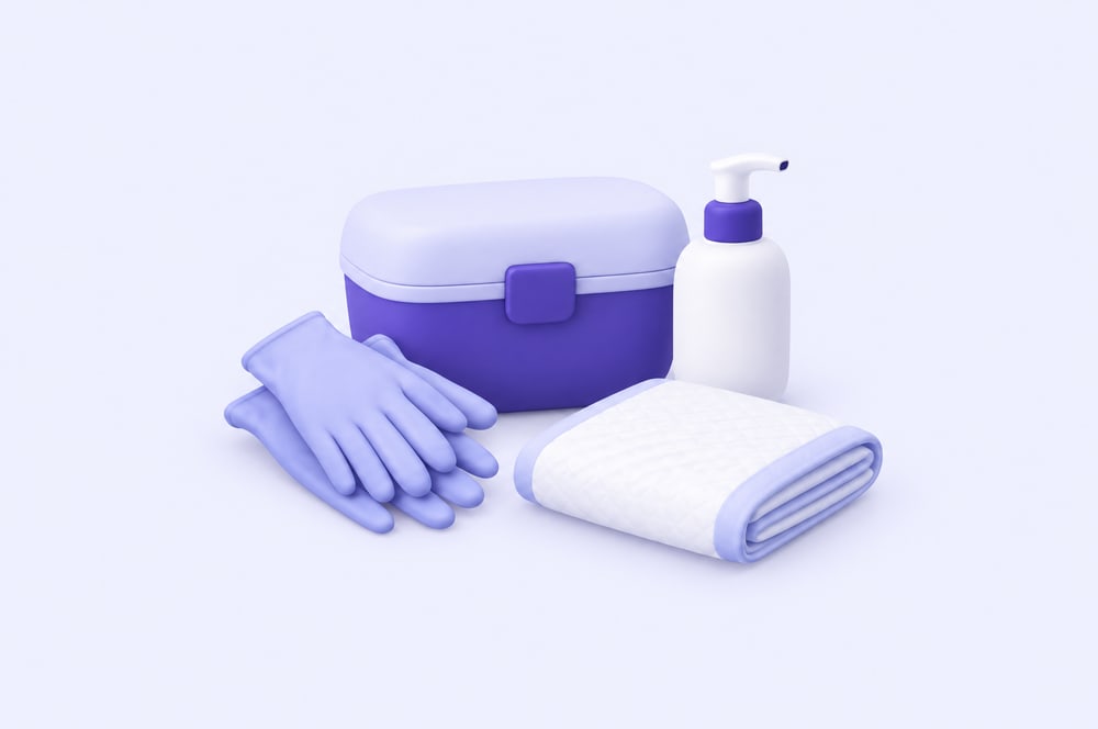 Illustration: Pflegebox mit Handschuhen, Pumpflasche und Bettschutz