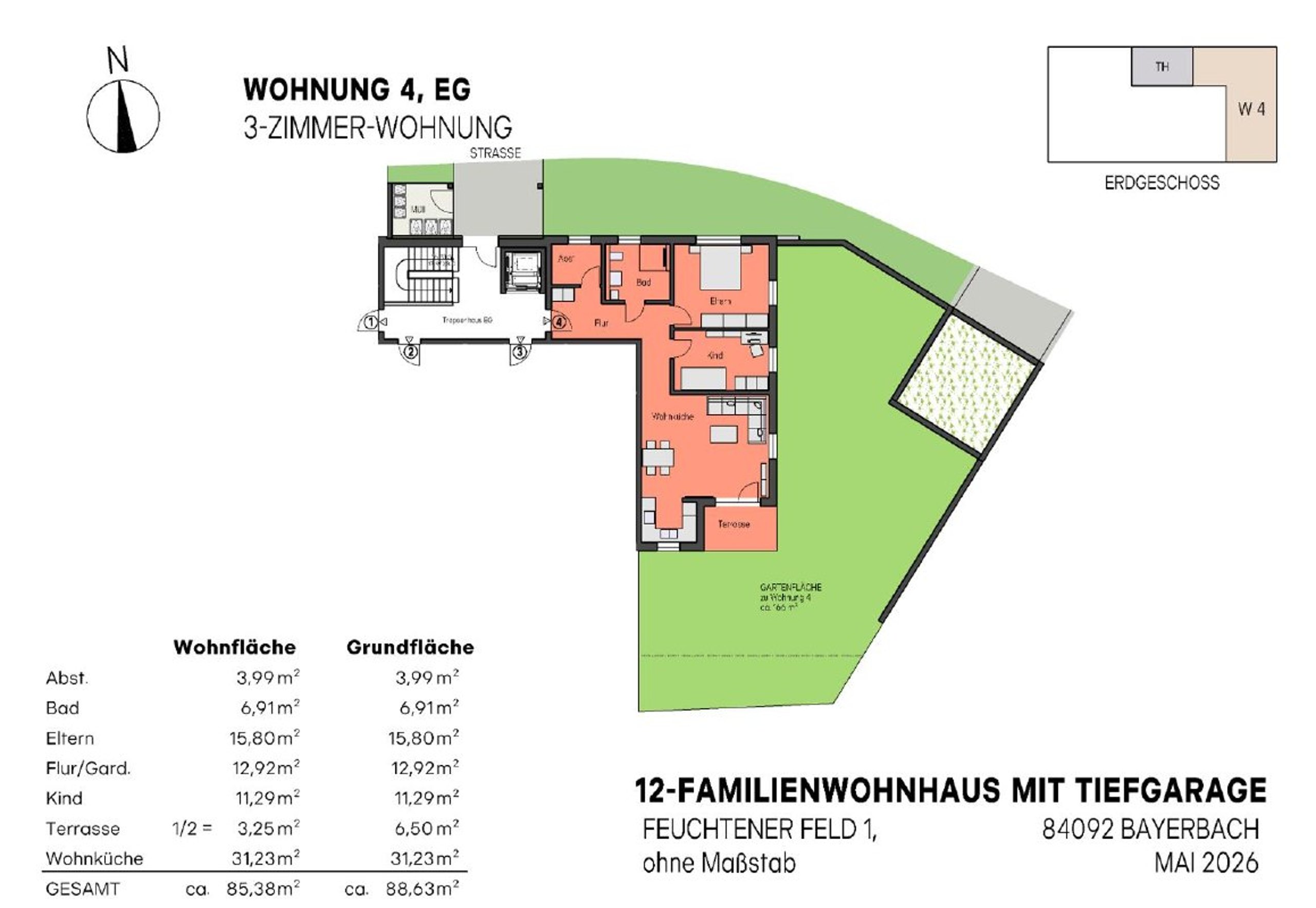Grundriss Wohnung Nr. 4, 3-Zimmer-Wohnung im Erdgeschoss