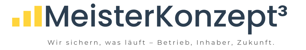Logo mit drei goldenen Balken und dem Text "MEISTER KONZEPT³".