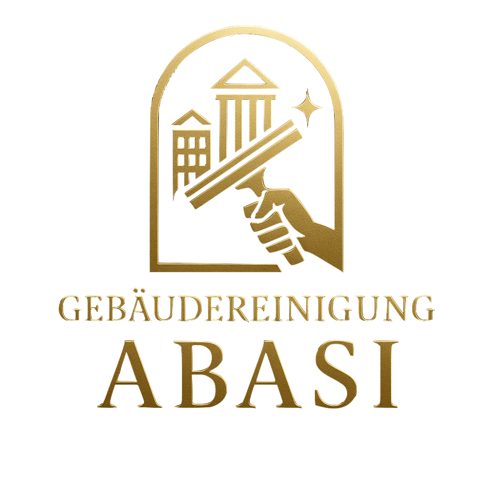 Gebäudereinigung ABASI Logo: Goldene Hand hält Fensterabzieher vor zwei Gebäuden und Stern auf grünem Hintergrund.