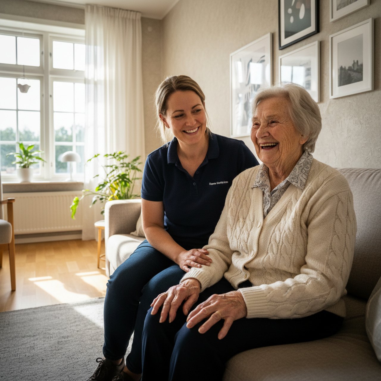 Ältere Dame und Betreuerin lachen gemeinsam