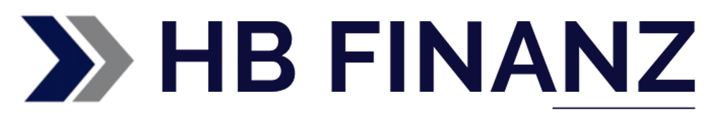 HB Finanz Logo mit blauem Schriftzug und zwei Pfeilsymbolen in Blau und Grau auf schwarzem Hintergrund.