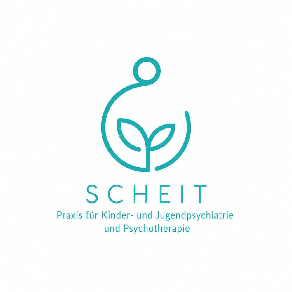Logo der Praxis Scheit für Kinder- und Jugendpsychiatrie mit einer stilisierten Pflanze in einer Kreisform.