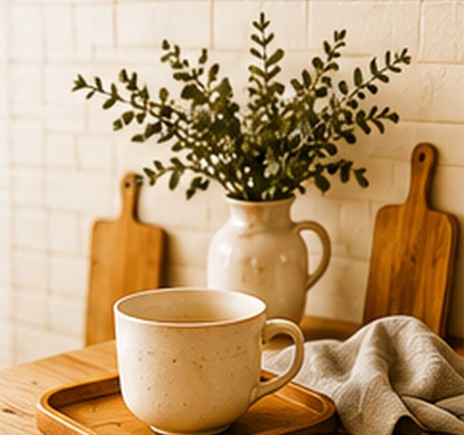 Tasse und Pflanze auf einer Holzablage in der Küche