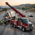 Towing Sandy heavy-duty towing service recovering an overturned semi-truck on a highway using a large rotator tow truck and crane system.