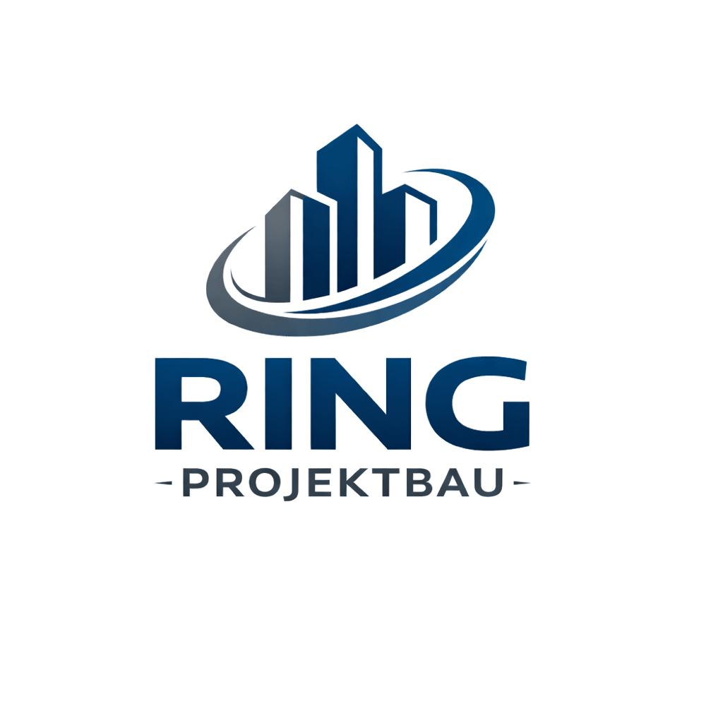 Logo von Ring Projektbau mit dunkelblauen Gebäuden und einem umgebenden blauen Bogen.