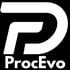 Weißes ProcEvo-Logo auf schwarzem Hintergrund.