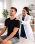 Female physical therapist in a white coat massaging a smiling male patient's neck.