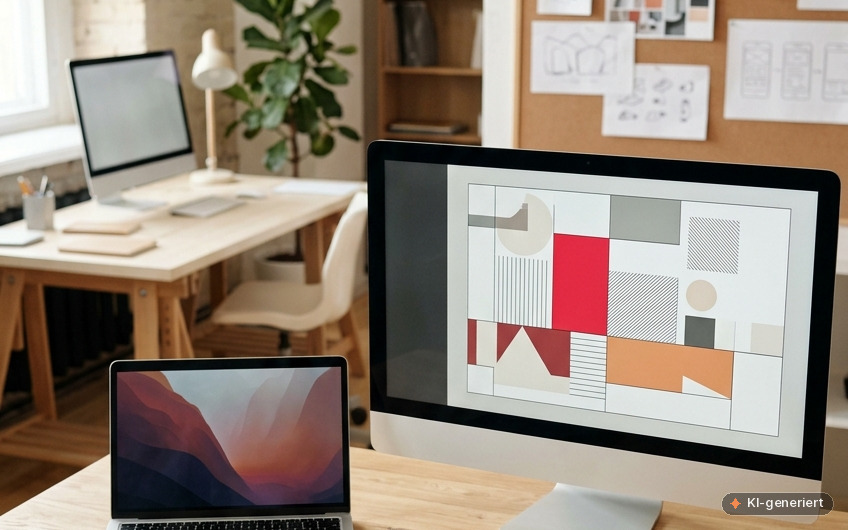 Arbeitsplatz in einer Kreativagentur mit Mac und Farbmustern